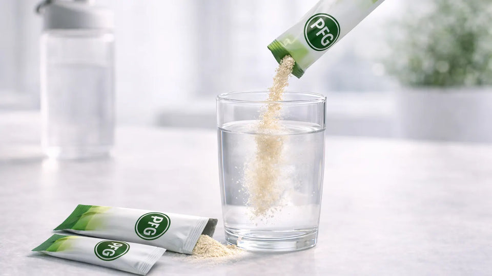 Powder being poured from a stick pack into a glass of water with additional stick packs nearby, demonstrating single-serve convenience and precise dosing with subtle PFG branding