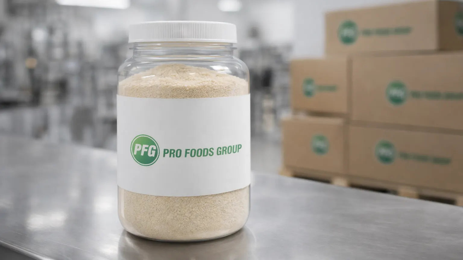 Clear plastic jar filled with fine powder on a stainless steel surface with blurred warehouse boxes in the background showing subtle PFG branding
