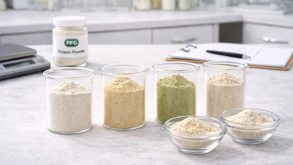 Multiple beakers and bowls of powdered ingredients arranged on a lab surface for small-batch testing and formulation, with a digital scale and subtle PFG branding in a clean research environment