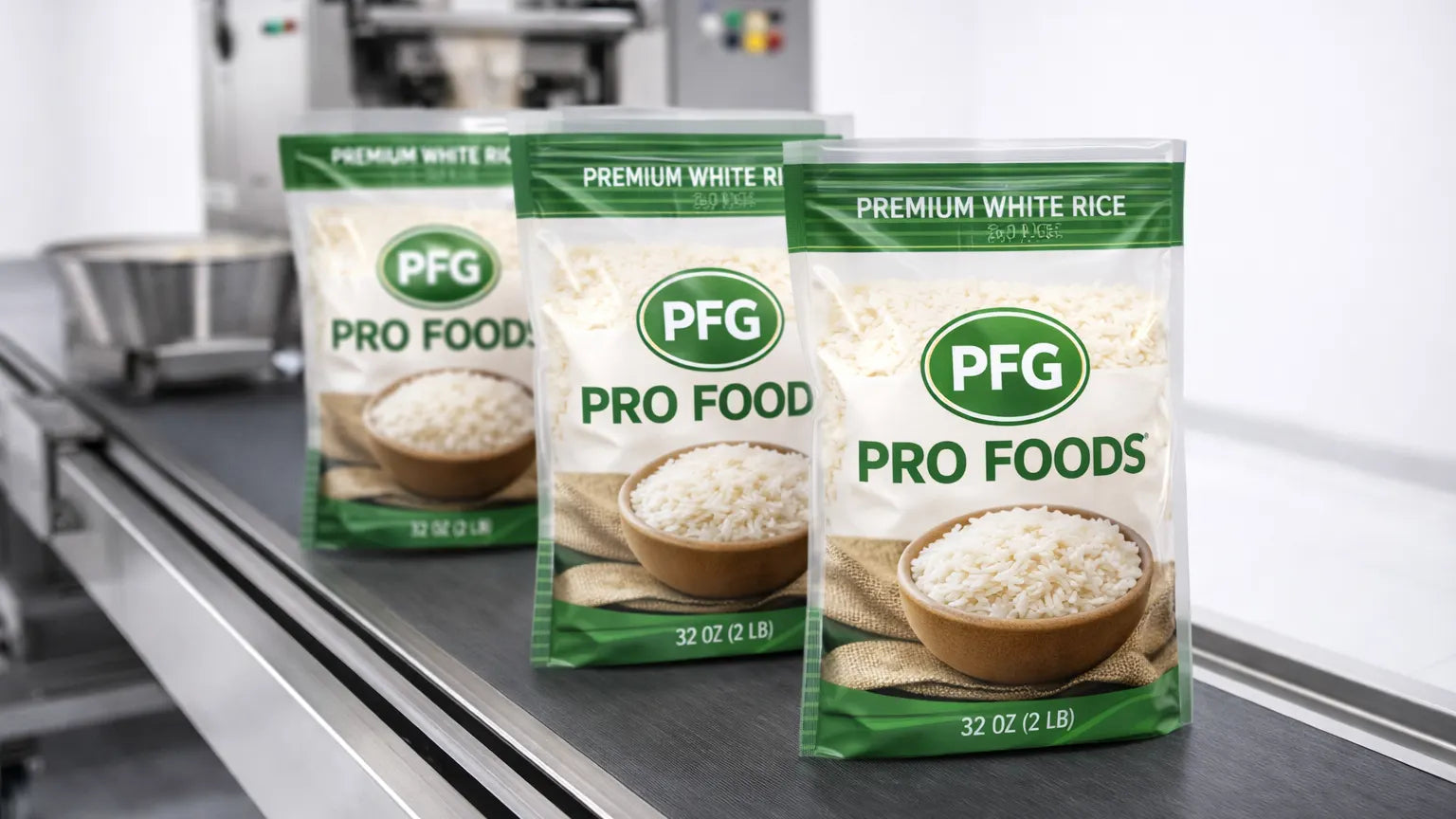 Three fully designed Pro Foods branded rice pouches on a conveyor belt from a compact vertical form fill seal machine in a clean production setting