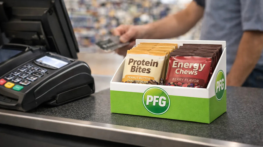 Compact point-of-sale display at a checkout counter featuring individually packaged protein bites and energy chews in a branded retail tray, designed for impulse purchase placement