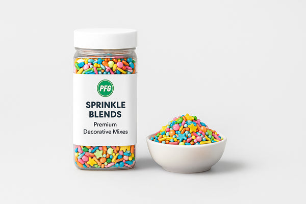 A clear plastic jar with a white lid, branded with the PFG logo and label reading “Sprinkle Blends – Premium Decorative Mixes,” stands on a light grey background. In front of it, two small dishes overflow with colorful mixed-shape sprinkles including stars, pearls, and jimmies, creating a vibrant and playful product-style presentation.