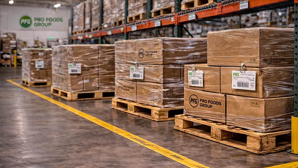Grouped pallets of cardboard boxes with black printed Pro Foods Group branding and realistic barcode tags staged in warehouse for organized distribution and flexible release