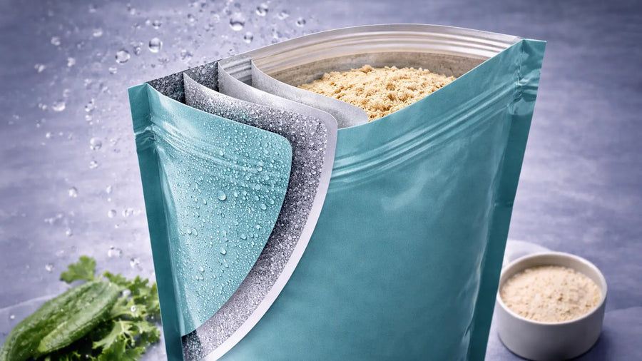 Close-up of a stand-up pouch with a cutaway view revealing layered film construction, designed to protect dry goods from moisture and environmental exposure