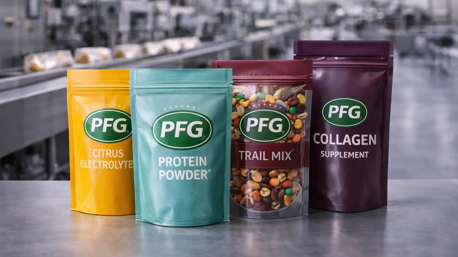 Four stand-up pouches filled with dry food products displayed in a modern packaging facility, highlighting retail-ready flexible packaging solutions