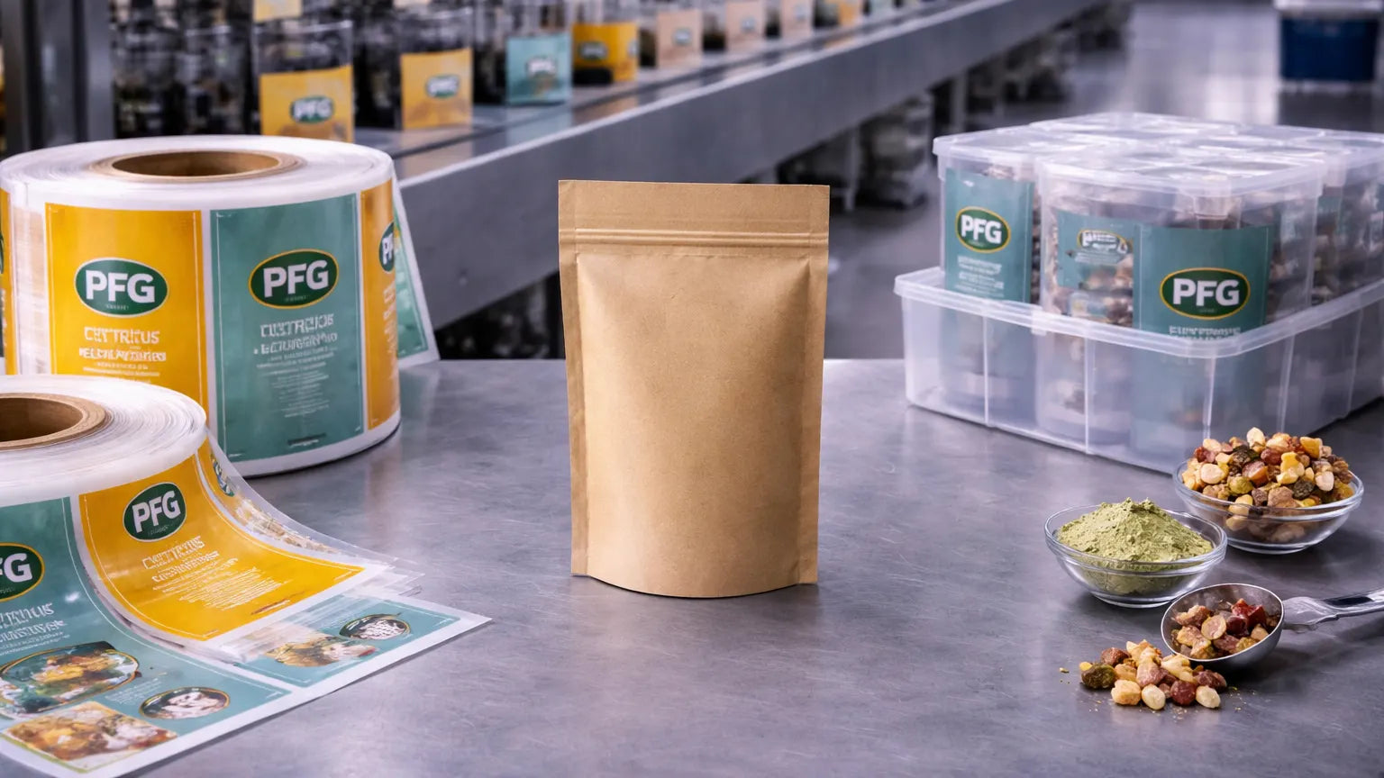 Kraft stand-up pouch centered on a production table surrounded by packaging film rolls, filled containers, and dry food ingredients in a modern manufacturing facility