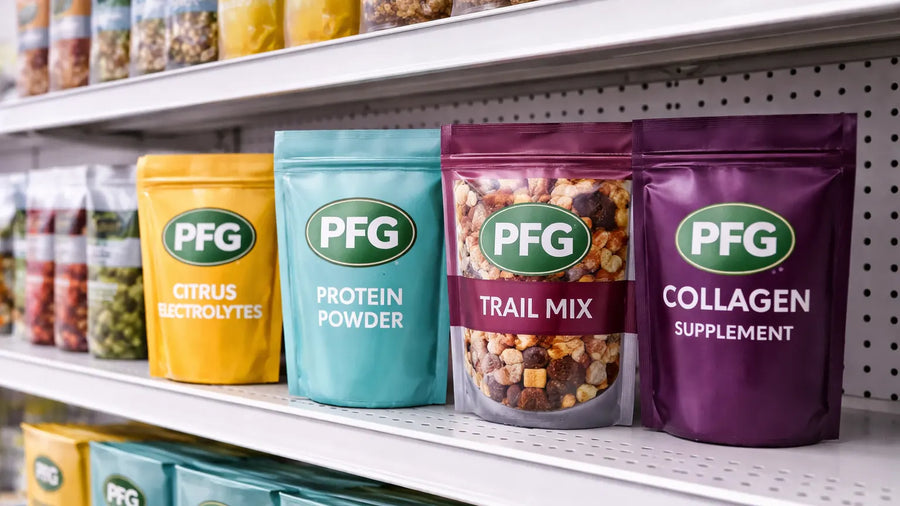 Multiple stand-up pouches displayed upright on retail shelves, demonstrating strong shelf presence and organized product visibility
