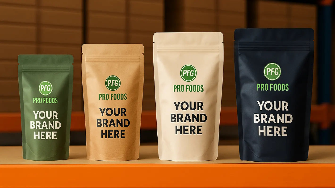 Assorted stand-up pouches in multiple sizes and finishes displayed on a warehouse shelf, showcasing flexible pouch formats for private label dry product packaging