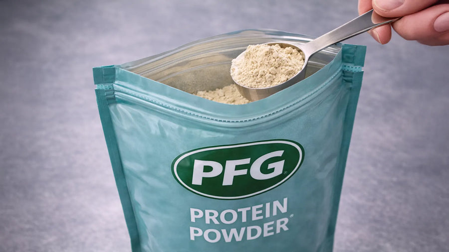 Close-up of a stand-up pouch with an open resealable zipper and scoop of powder, highlighting convenient closure and product freshness
