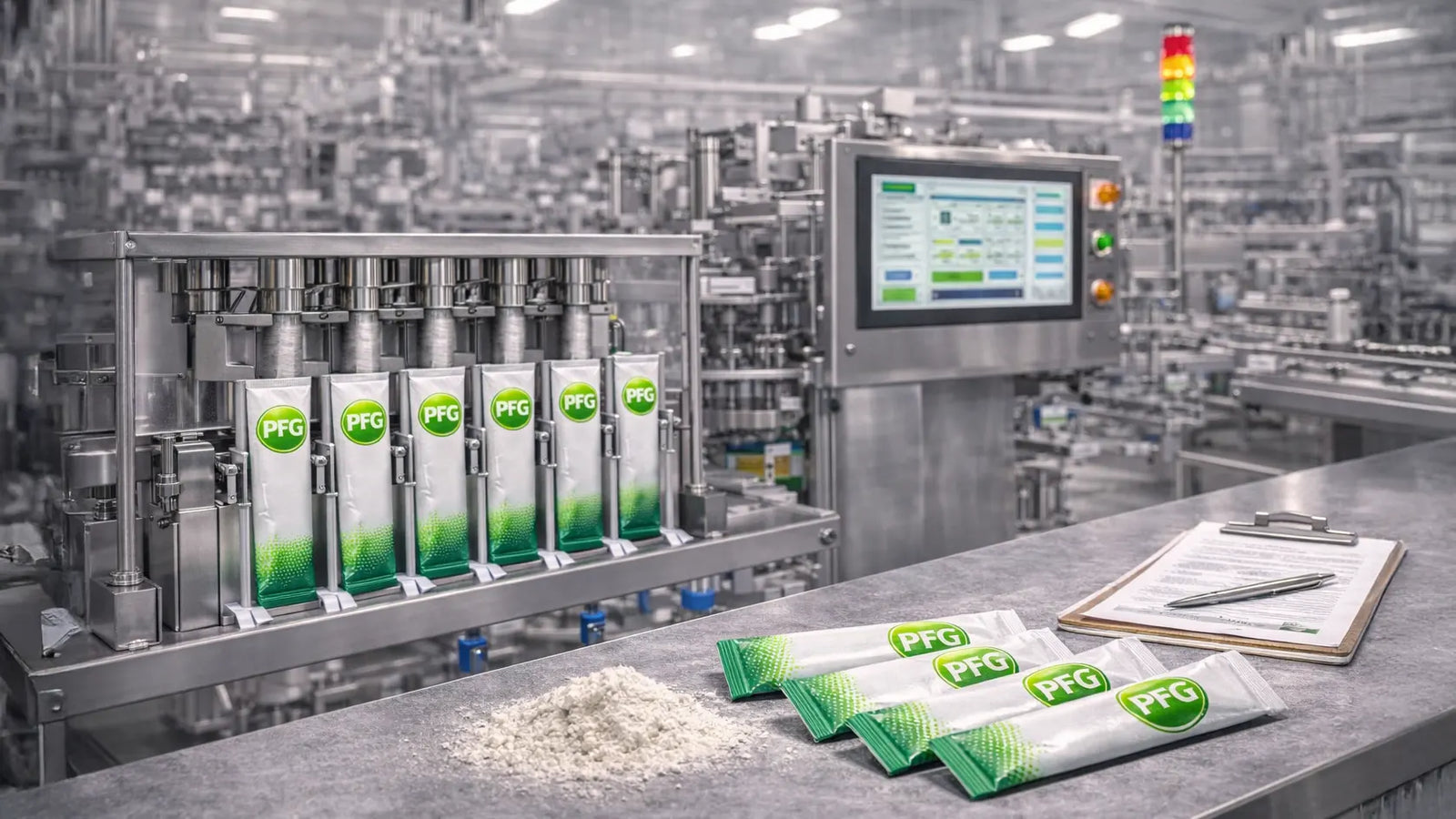 Pro Foods Group stick packs displayed alongside an active multi-lane production line in a clean industrial facility, showcasing precision filling, scalable output, and modern packaging capabilities