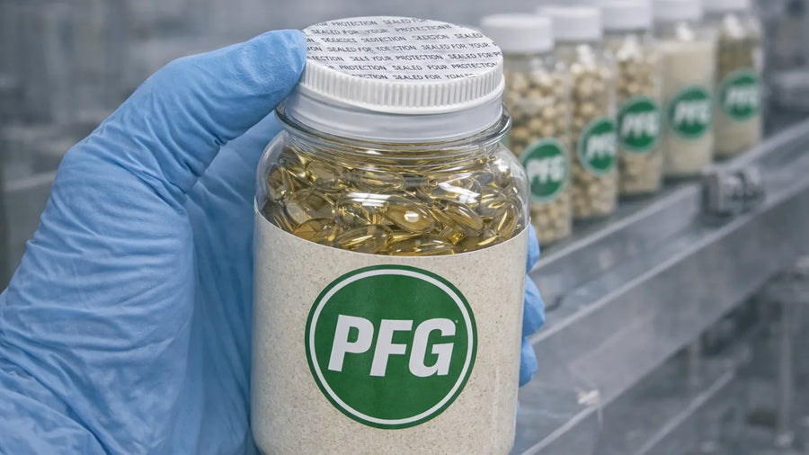 Gloved hand holding clear plastic bottle with induction seal liner and tamper-evident closure filled with capsules on packaging line