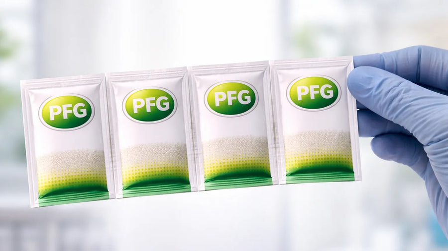 Gloved hand holding a connected strip of Pro Foods Group packets against soft light, showing consistent and evenly filled powder levels across each unit to represent precise portion control