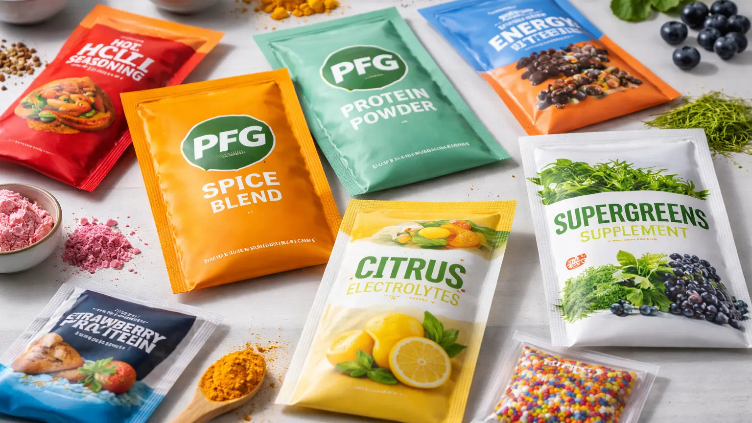 A variety of Pro Foods Group side seal pouches for spices, protein powder, supergreens, electrolytes, and snacks arranged on a clean surface with loose ingredients displayed around them, showcasing packaging versatility across food and supplement products.