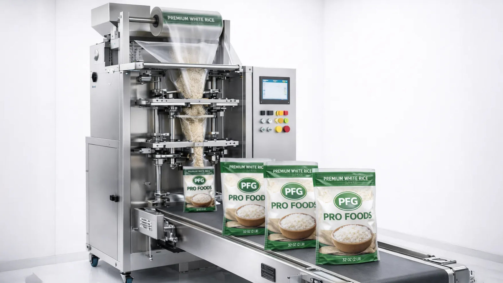 tainless steel vertical form fill seal (VFFS) machine packaging rice into clear bags with Pro Foods branding in a clean production environment