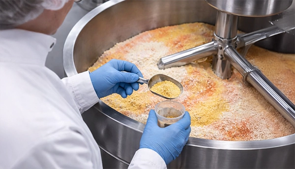 Technician sampling earth-toned vitamin and mineral powders from a stainless-steel mixing vessel inside the Pro Foods Group manufacturing facility, illustrating controlled handling, precise measurement, and micronutrient-focused production.