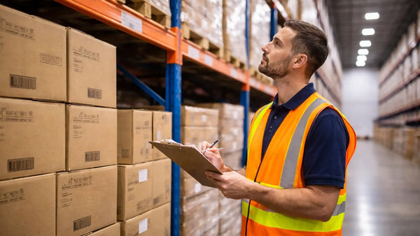 Warehouse worker in safety vest reviewing inventory on clipboard beside pallet racking with organized cardboard boxes