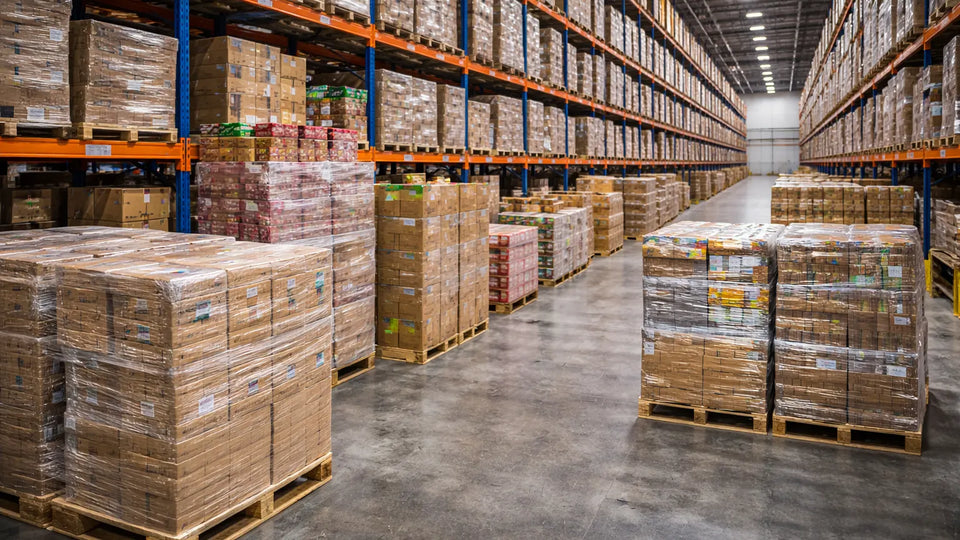 Organized warehouse with stretch-wrapped pallets of finished goods and bulk inventory staged on floor and racking for distribution