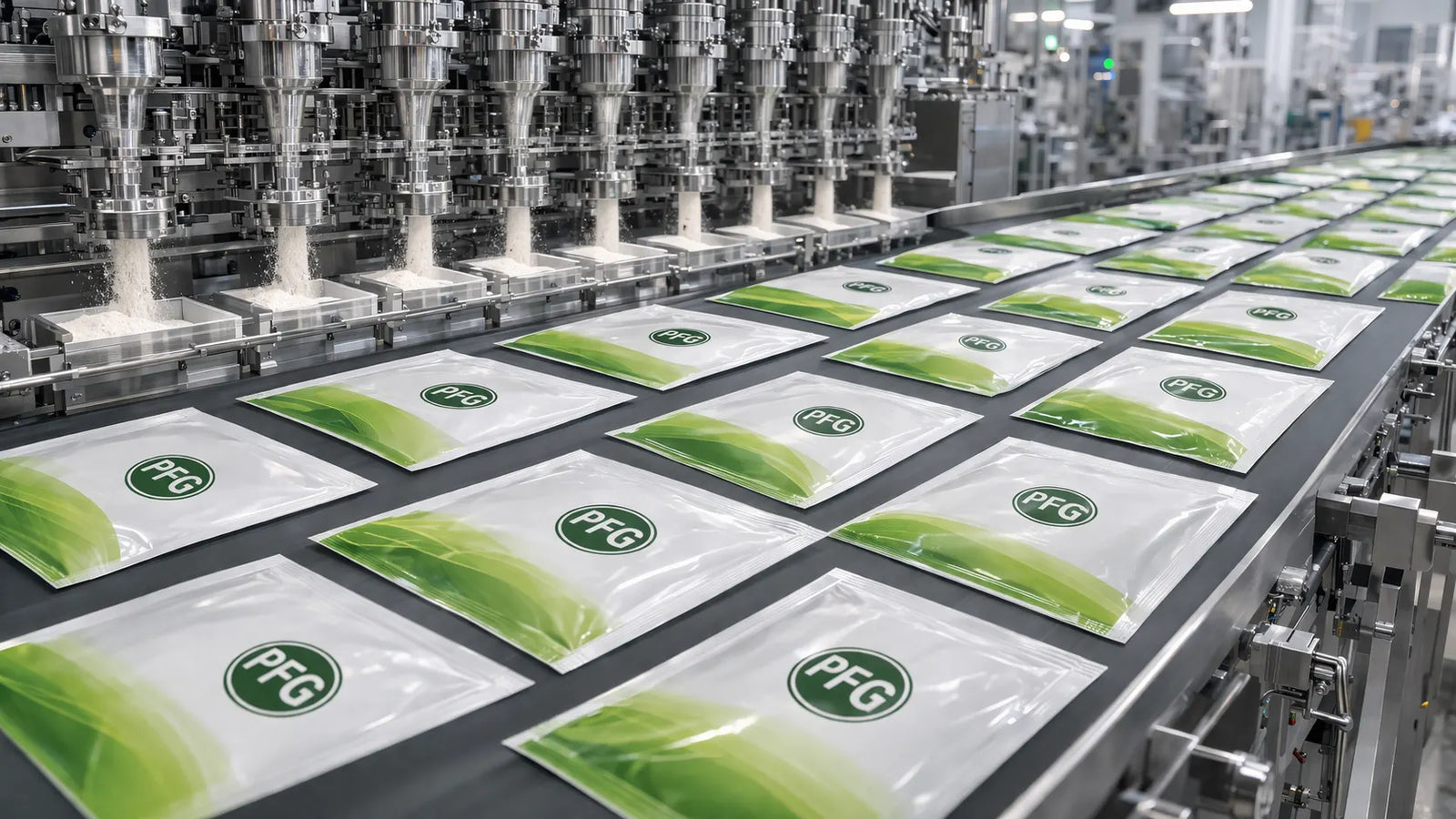 Automated multi-lane machine filling wide rectangular sachets with powder on a conveyor belt in a clean food manufacturing facility with subtle PFG branding