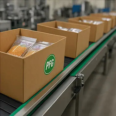 Food co-packing operation with packaged products on a conveyor line inside Pro Foods Group’s manufacturing facility.