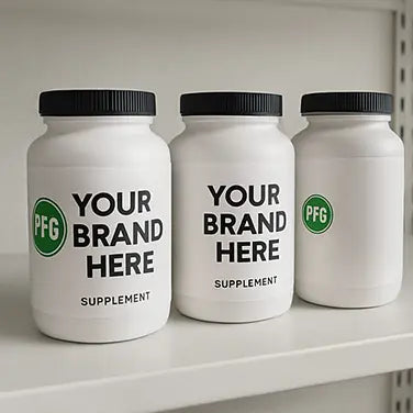 Private label supplement bottles displayed inside Pro Foods Group’s packaging facility.