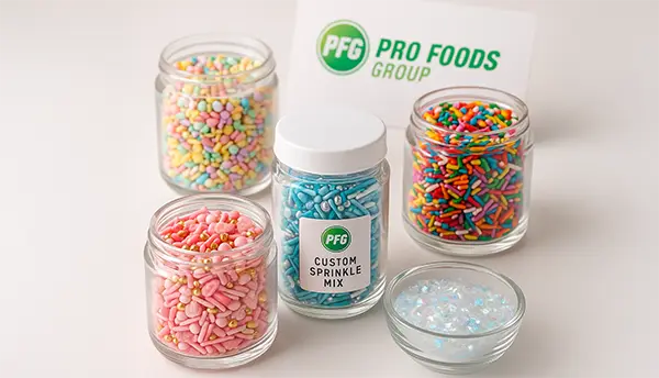 Glass jars filled with custom sprinkle mixes in pastel, rainbow, and metallic colors, featuring Pro Foods Group branding to represent tailored color matching, private label packaging, and premium sprinkle formulation.