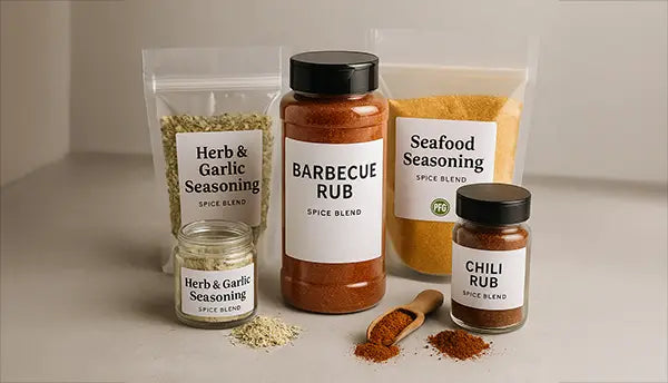 Spice and seasoning rub blends in jars and pouches on a production table, featuring varieties like BBQ rub, herb and garlic, and chili rub, with subtle Pro Foods Group branding representing quality and packaging versatility.